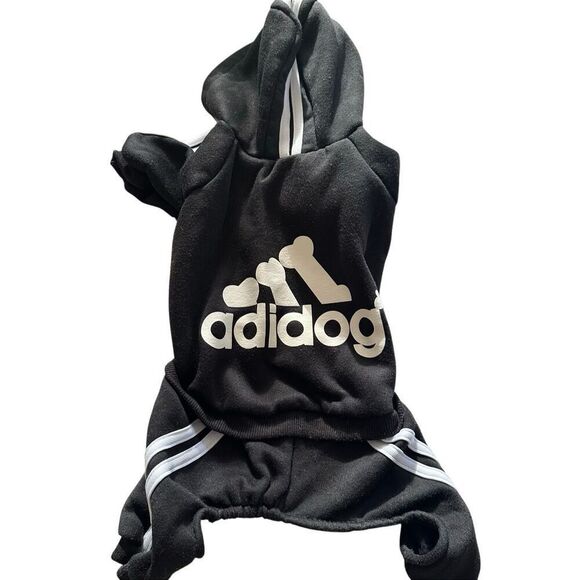 Adidog Other - Adidog Sporty Pet Hoodie Tracksuit - Black/White 3-Stripe Dog Jumpsuit Size - Sm